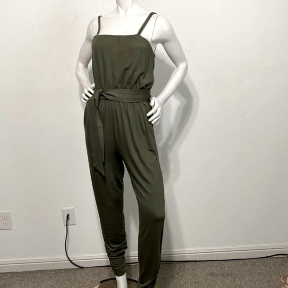Trina Turk Olive Green Leaf Spaghetti Strap Pocket Sleeveless Jumpsuit Size S - Picture 2 of 8